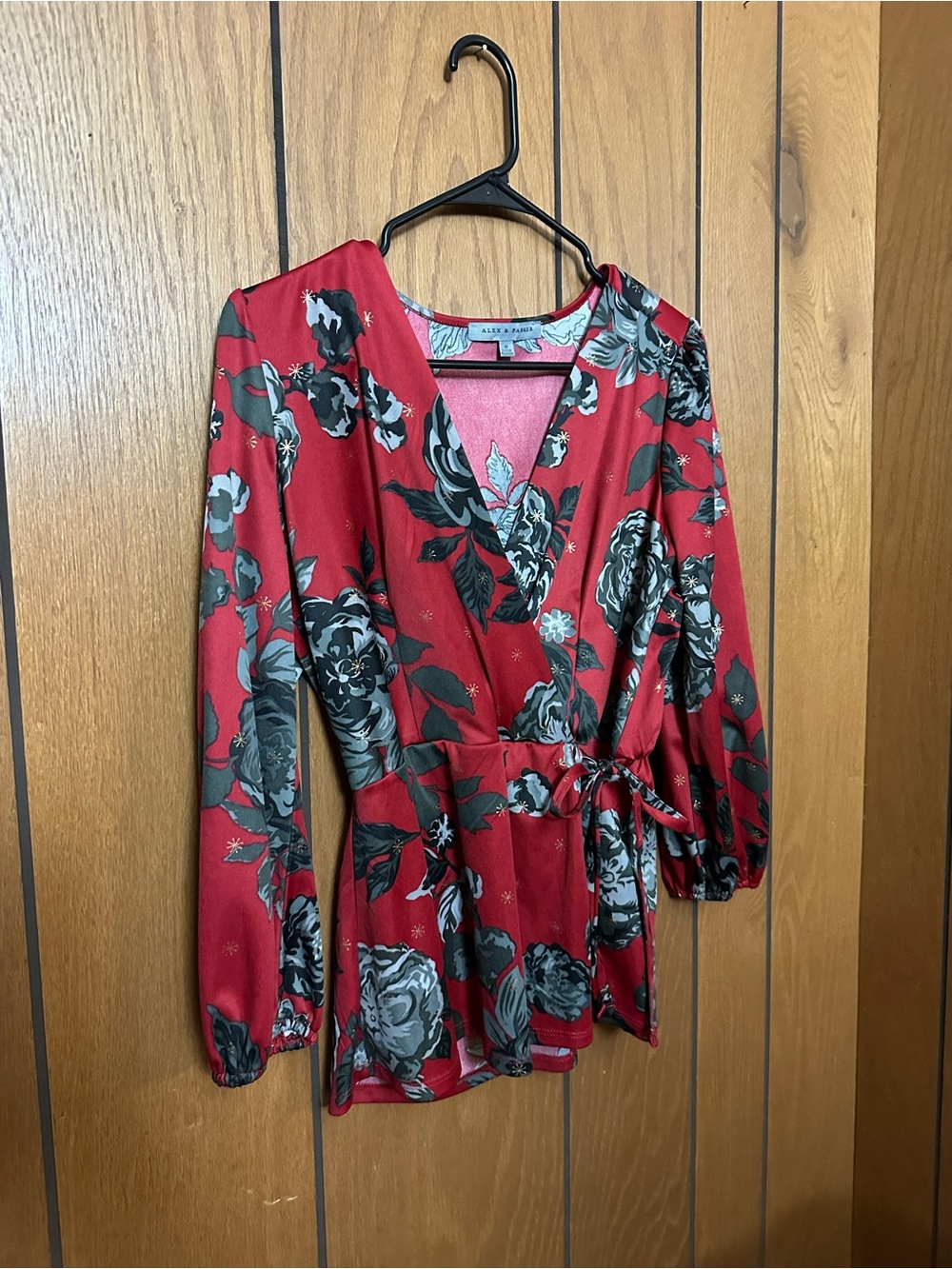 Alice + Olivia Red Floral Wrap Top with Long Sleeves